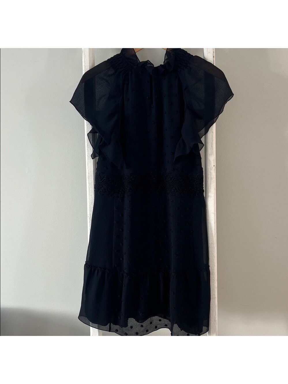 See by Chloe High ruffle neck black chiffon polka dot flutter sleeve dress 2 - Picture 10 of 15